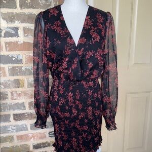 Cupshe Floral Print Long Peasant Sleeve Dress Black & Red Smocked Skirt New